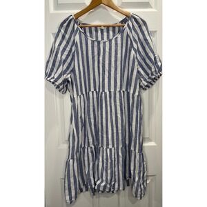 Beachlunchlounge Striped Tiered Puff Sleeve Dress Coastal Nautical Lightweight L